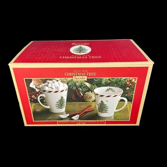 Spode Christmas Tree Conical Mugs Cup Peppermint Spoon Set 2 Coffee Cocoa READ - Picture 10 of 12